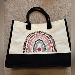 Black and Cream Teacher Tote Bag with Zippered Top
